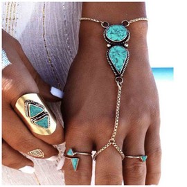 Cimenexe Bohemian Turquoise Finger Bracelet Silver Water Drop Turquoise Slave Bracelet Ring Hand Chain Bracelet Vintage Wrist Bracelet Beach Hand Chain Jewellery for Women and Girls