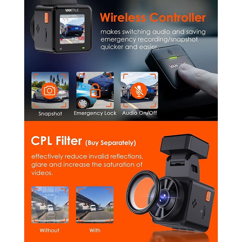 Vantrue E1 Mini 2.7K WiFi Dash Cam, 1944P Dash Camera