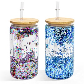 FECBK 2 Pack Acrylic Snow Globe Tumbler with Bamboo Lids and Straws 16 oz Plastic Snowglobe Tumbler with Pre Drilled Hole Clear Double Wall Snowglobe Cups for Snow Globe Glitter DIY