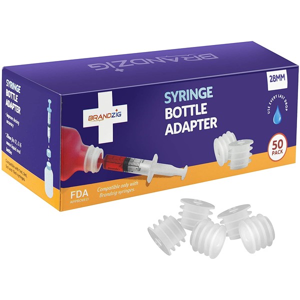 Medicine Bottle Syringe Adapter for Oral Dispensers (28mm, 50 Pack) | Press in Bottle Adapter for Liquid Medication | Only Fits Brandzig 1ml, 3ml, 5ml & 10ml Syringes