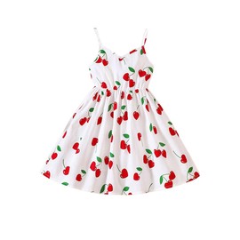 RoseSeek Girl's Cheery Print Cute Sundress Sleeveless Ruffle Hem Summer Cami Dresses White 7Y