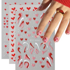 Valentines Nail Stickers 6 Sheets Red Nail Decals Stickers for Nails Art Design with Heart Swirl Glitter Self Adhesive DIY Nail Decals for Nail Art Valentine's Day Nail Art Supplies for Woman Girls