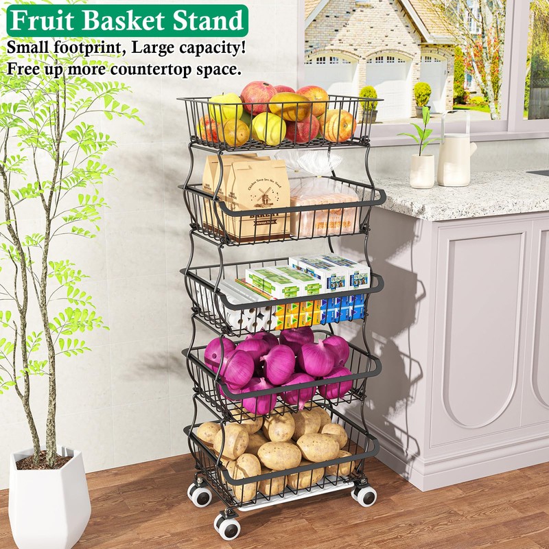 OKZEST 5 Tier Fruit Basket for Kitchen, Stackable Bins Wire
