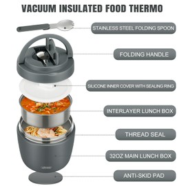 wiwens Thermo Food Jar for Hot Food Adults 32OZ Soup Thermo Lunch Containers Wide Mouth Vacuum Insulated Stainless Steel Leakproof Bento Box with Spoon (Grey)