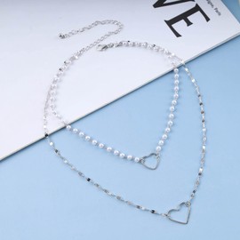 Iaceble Boho layered Pearl Chain Necklace Silver Heart Necklace Hollow Heart Choker Necklace Vintage pearl bead Necklace Jewelry for Women and Girls