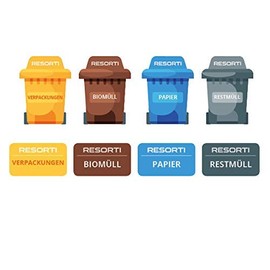 Resorti Sticker Set of 8 for Waste and Waste Separation Design Wheelie Bin & Square (Residual Rubbish, Yellow Sack, Organic Waste, Paper Rubbish)