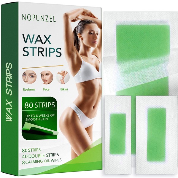 Nopunzel Wax Strip 80 counts, Waxing Strips, Wax strips for Hair Removal, Body Wax Strips For Men & Women, At Home Waxing Kit for Face Legs Brazilian Arms Underarm Bikini, Wax Strips (3 Sizes) + 8 Calming Oil Wipes