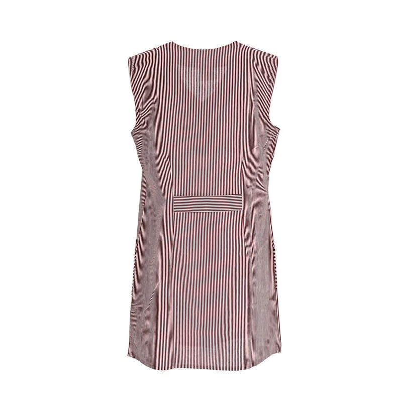 7/8 Tunic Cotton Striped Short Sleeveless Cooking Apron, Bordeaux -