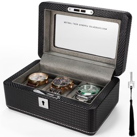 LIBOLXSP Premium Carbon Fiber Leather Watch Box for 3 Watches, Lockable, Portable Storage with Glass Display Window, Ideal Gift for Watch Collectors, Travelers Him/Her Gray Velvet