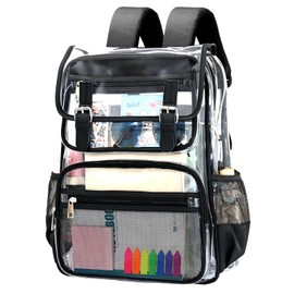 Tinrbip Clear Backpack Heavy Duty, Large Capacity Transparent Bookbag, Thick PVC Stadium Approved See Through Backpacks for School (Black)