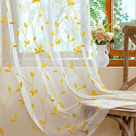 AmHoo 2 Panels Embroidered Leaf Pattern Semi Sheer Curtains Foliage Floral Voile Window Draperies Treatment for Bedroom Living Room Rod Pocket White Gold Yellow 53 x 84 Inch