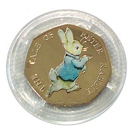 2017 Beatrix Potter Peter Rabbit Decal Coloured Stickers Seal 50p Fifty Pence Coin with Capsule Holder *NOT SILVER PROOF*