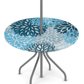 Round Garden Table Cloth With Parasol Hole, Blue Mandala Outdoor Circular Fitted Tablecloth with Umbrella Hole Waterproof Elastic Edged Table Cover for Party Picnic, Fit for 45"-56" Round Tables