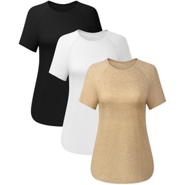 Ficerd 3 Pcs Women Short Sleeve Shirts Curved Hem Top Round Neck Tunics Side Split Summer for Women(Black, White, Khaki, M)