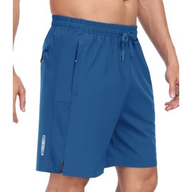 MoFiz Men's Athletic Short with Zipper Pocket Gym Exercise Training Jogger Outdoor Hiking Running Short Blue,M