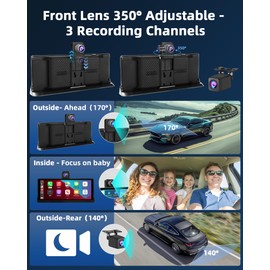 【350° Rotatable Lens】10.26''Wireless Apple CarPlay Screen for Car & 4K Dash Cam Portable Android Auto Car Stereo, Car Audio Receivers 1080P Backup Camera, Bluetooth/GPS Navigation/AirPlay/Googel/Siri