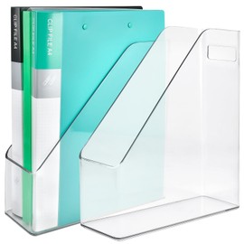 Akamino 2 Pack Acrylic Magazine File Holder,A4 Vertical File Organizer with Handle for Desk,Clear Document Rack File Folder Storage Bin for Home Office School