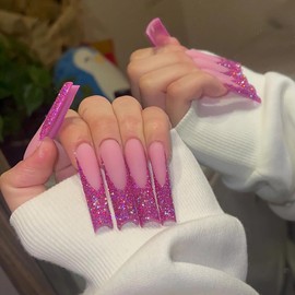 MISUD Press on Nails Extra Long Square Fake Nails Matte Glue on Nails Bling Glitter Acrylic Nails Squoval French Tip Artificial Nails Fuchsia Sparkly Sequins Stick on False Nails with Design 24 pcs