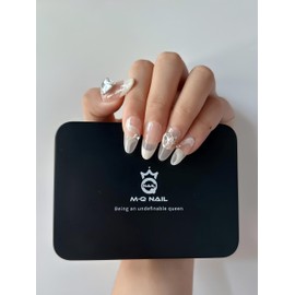 M·Q NAIL,Press on nails,Green french almond long nails,Hand drawn,Includes 48 jelly glue and 2 cuticle sticks and 2 rubbing strips (White french ribbon almond, S)