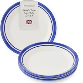 Portmeirion Potter's Stripe Salad Plate (Set of 4) - 8" Earthenware Plates with Classic Striped Rim - Microwave, Dishwasher, Freezer, Oven Safe - Ideal Modern Dinnerware Set (Blue Stripe)