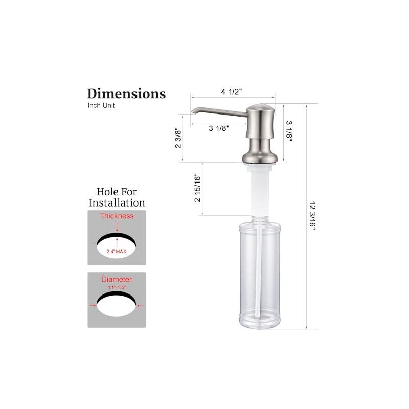 Soap Dispenser for Kitchen Sink Brushed Nickel, Built-in and Refill-from-Top