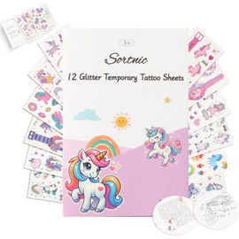 Sortnic Temporary Tattoos for Kids, 12 Sheets Glitter Unicorn Temporary Tattoos for Kids, Safe & Non-Toxic, Waterproof Unicorn Birthday Decorations Gifts Rainbow Party Favors for Boys and Girls