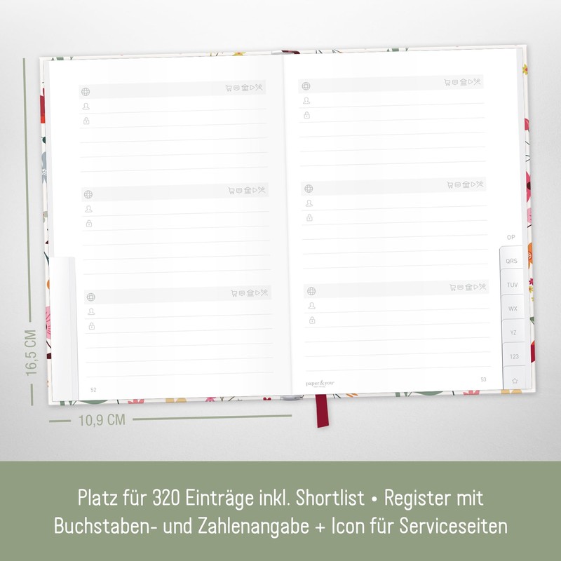 paper&you® Password Book A6+ with Index A-Z "Wild Flower" for