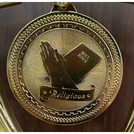 Unbranded 2” Bright Gold Religious BriteLazer Medal With Ribbon (See All Photos)