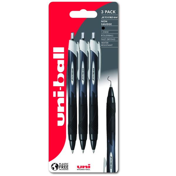 uni-ball Jetstream Sport SXN-150S Ballpoint Gel Pens. Premium 1.0mm Rollerball Tip. Smooth Writing Black Uni Super Ink Dries Instantly. Pack of 3 in Plastic Free Packaging