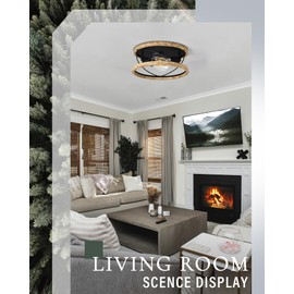 HANASS Flush Mount Light Fixture, 12-inch Farmhouse Ceiling Light Fixture with Wood, 2-Light Rustic Hallway Ceiling Lighting, Solid Wood Walnut Finish, MX99982-B