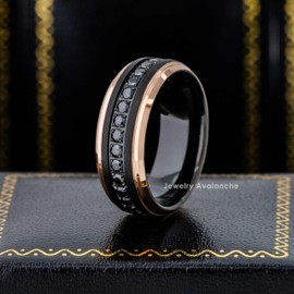 8mm Mens Black Eternity Tungsten Wedding Band, Brushed Finish with Cubic Zirconia Stones, Comfort-Fit Rose Gold Stepped Edge Engagement Ring - TN925s10