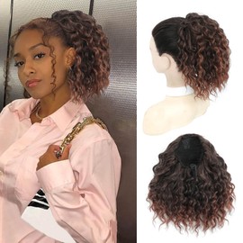 MS TAJ Clip in Ponytail Extension 8inch Copper Brown with light Ends Natural Soft Drawstring Curly Ponytail hair extensions Synthetic Pony Tail Extension Hairpiece Thick Add Length for Women Daily Use