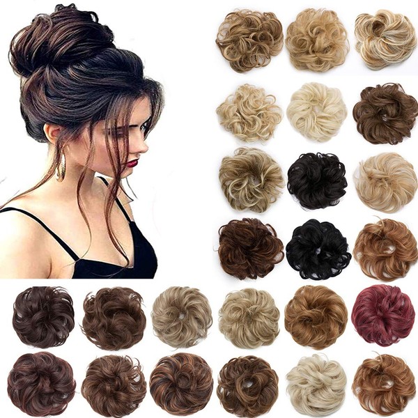 S-noilite Hair Bun Extensions Messy Wavy Curly 2 Pieces Dish Donut Scrunchie Hairpiece Accessories Chignons Updo Ponytail Pony Tail Synthetic Hair Extension for Women Girl -2 Piece 80G Dark Brown