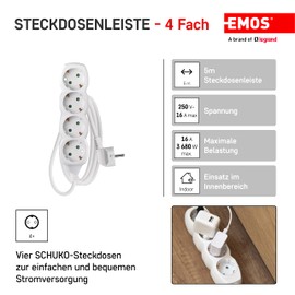 EMOS - 4-way power strip 5m - 4 Schuko sockets rotated 45° - 250 V, 16 A, 3680 W - high-quality PVC insulation - H05VV-F3G 1.5 mm2 - increased touch protection - IP20 for indoor use - white