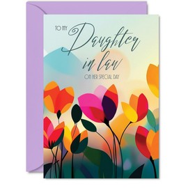 Daughter in Law Birthday Card - Vibrant Summer Flowers - Vivid Happy Birthday Card for Daughter in Law from Mother Mum Father Dad, A5 Female Floral Bday Golden Greeting Cards
