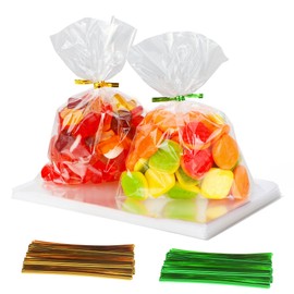 100Pack Clear Cellophane Treat Bags: 5x7 Inch Small Clear Plastic Gift Bags with 110 Gold & Green Twist Ties for Gift Wrapping, Packaging Candy, Party Favors, Cookies, Snacks and Cotton Candy