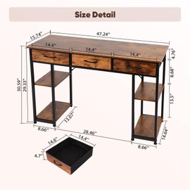 47 Inch Computer Desk with Storage Shelves & Fabric Drawers, Home Office Desk Writing Table for Small Spaces, Study Desk for Bedroom, Gaming Desk with Large Work Surface, Brown