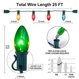 Konictom 25 FT C9 Clear Multicolor Christmas String Light Outddor,Vintage C9 Christmas Lights with 26 Edison Bulbs(1 Spare), C9/ E17 Base,Multicolor Lights for Christmas Party Backyard Wedding Decor