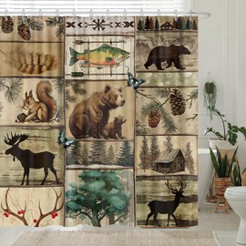 Rustic Cabin Shower Curtain, Country Nature Forest Bear Deer Moose Mountain Outdoor RV Decorative Shower Curtain Set, Camo Woodland Wildlife Camping Farmhouse Lodge Shower Curtain Bathroom 72" X 72"