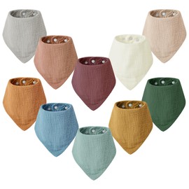 JELLYMONI Muslin Baby Bibs 10 Pack Drool Bibs for Unisex Baby, Soft Absorbent Bandana Bibs Adjustable Snaps Solid Colors Teething Bibs for Newborn Girls & Boys