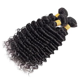 Tuheerst Deep Wave Human Hair Bundles Human Hair Extensions Real Hair Wefts 3 Bundles Sew-in Bundle Natural Black Double Weft Remy Hair 16 16 16 Inches