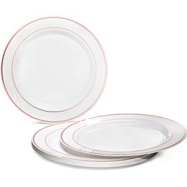 " OCCASIONS" 240 Plates Pack,(120 Guests) Heavyweight Premium Wedding Party Disposable Plastic Plates Set -120 x 10.5'' Dinner + 120 x 7.5'' Salad/Dessert (White & Rose Gold Rim)