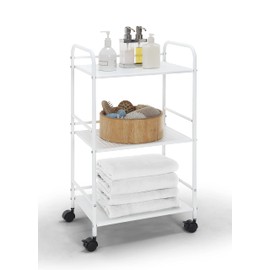 SunnyPoint 3-Tier Rolling Utility Cart – Metal Storage Organizer with Wheels, Mobile Kitchen Cart, Office & Home Organizer, White, 12" D x 16.92" W x 31.1" H