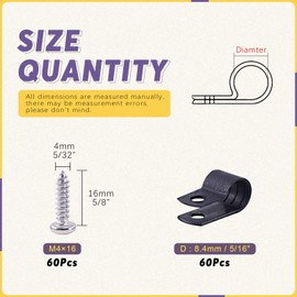 Swpeet 60 Pack Black 5/16 Inch Nylon Plastic R-Type Cable Clips Clamp Kit, Nylon Screw Mounting Cord Fastener Clips with 60 Pack Screws for Wire Management (5/16 Inch, Black)