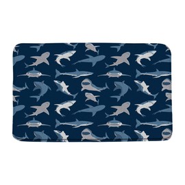 GCTNBJL Shark Bath Mat Navy Blue Ocean Animal Shark Open The Mouth Danger Humor Fish Sea Marine NauticalBathroom Kitchen Memory Foam Rug,17.8x29.5 Inch