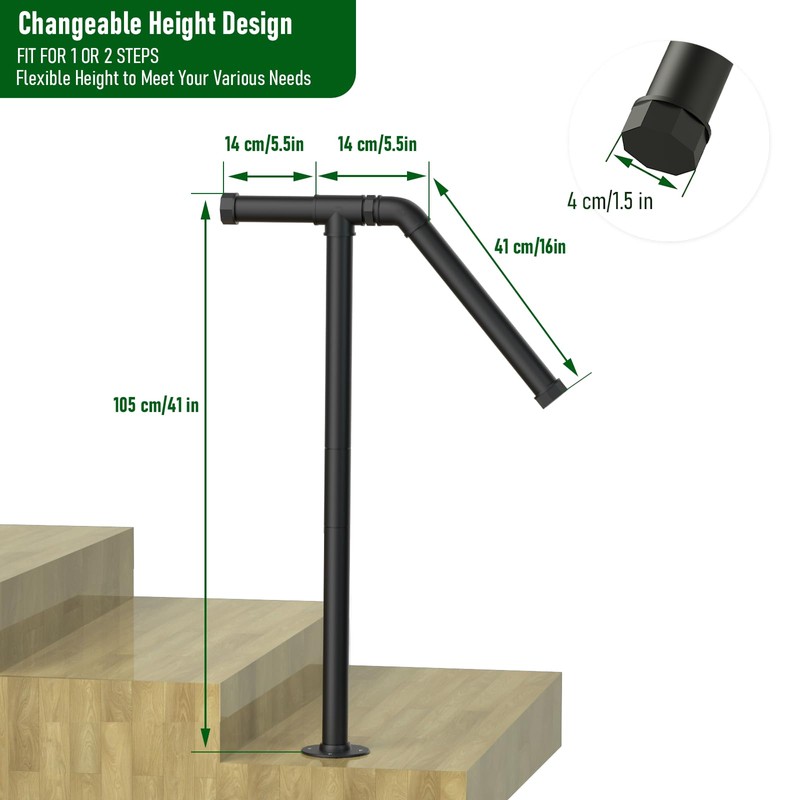 Single Post Handrail Stair Railings for Outdoor Steps Fit 1-2