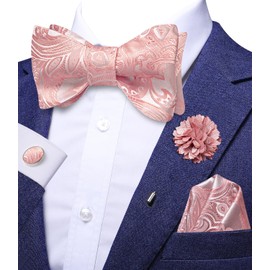 Dubulle Mens Self Tie Bow Ties and Lapel Pin Set Light Pink Paisley Suit Bowtie for Men Handkerchief Cufflinks Set Wedding