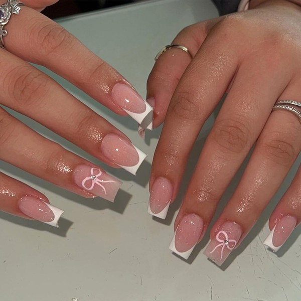 Jremg French Tip Press on Nails Short Square Fake Nails