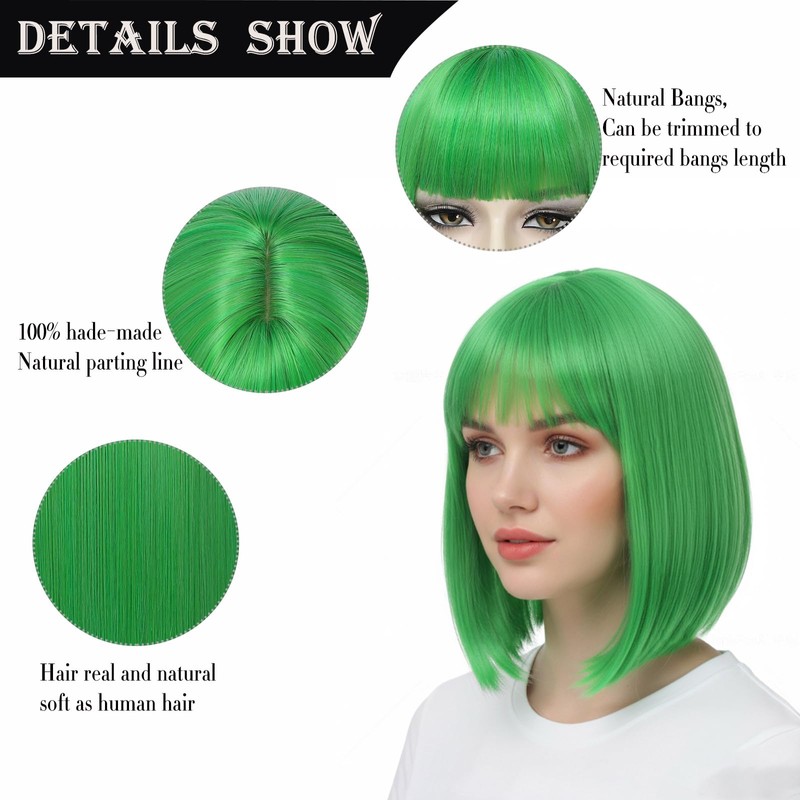 YOROSTAR Green Straight Bob Wig With Bangs - Short Green