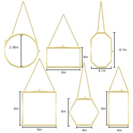 Voittozege 6 Pcs Double Glass Frame for Pressed Flowers, 6 Different Golden Hanging Glass Picture Frames with Chain Gold Floating Frame Artwork Display Frame for Gallery Wall Decor Dried Plant Leaf